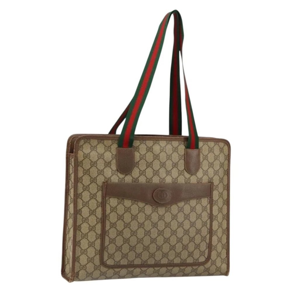 GUCCI GG Supreme Web Sherry Line Tote Bag PVC Beige Red
